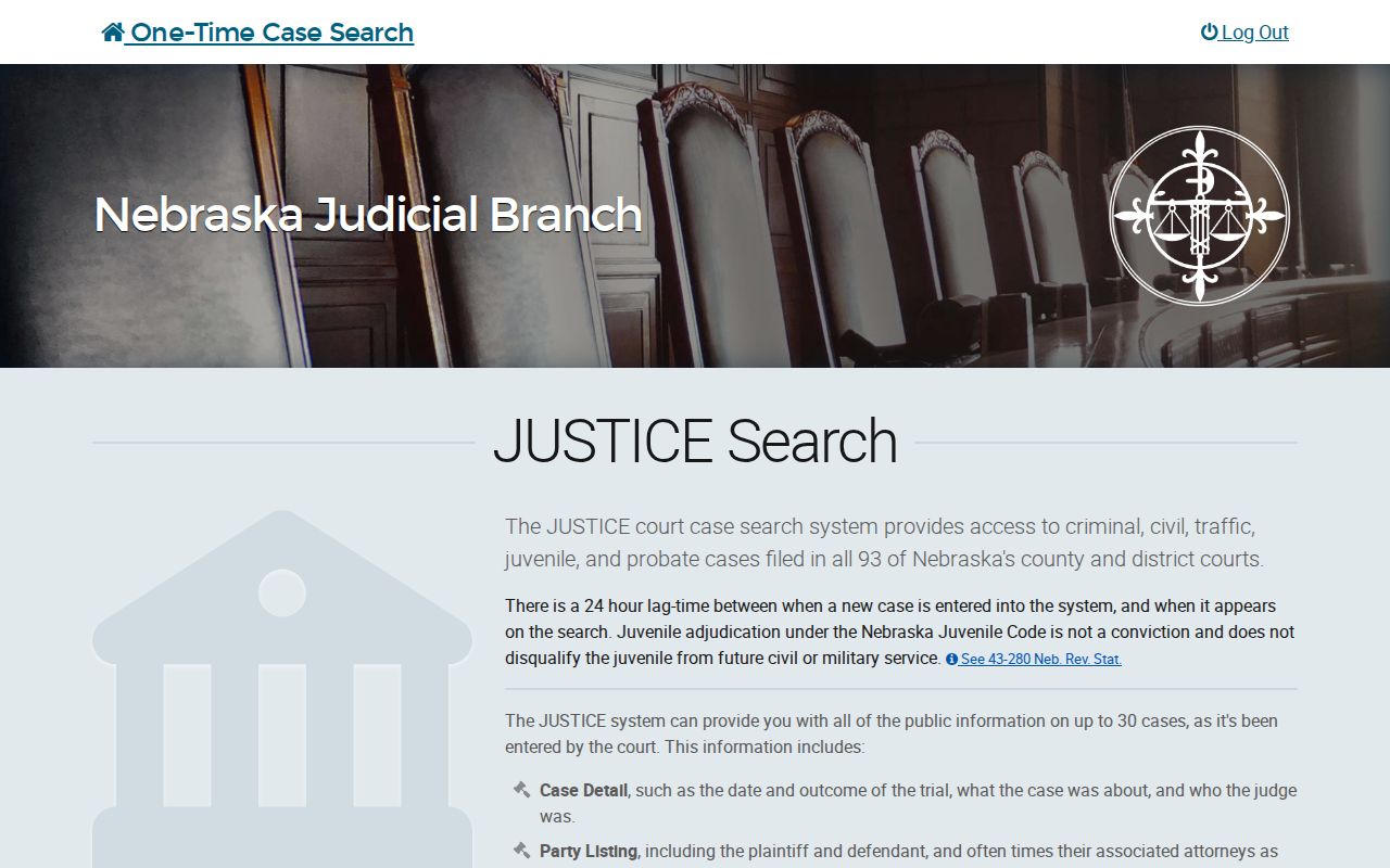 Cedar County case search access through the Nebraska JUSTICE one-time search entry