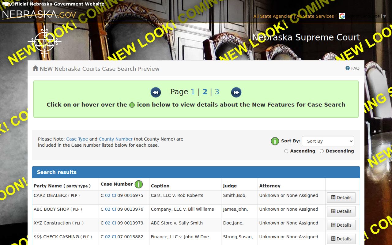 Cedar County docket search result fields in the JUSTICE demo, including case number, caption, judge, attorney, and Details