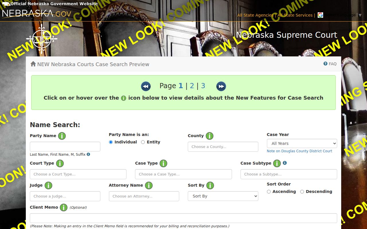Cedar County case search fields in the JUSTICE demo, including party, county, court, case type, judge, and attorney