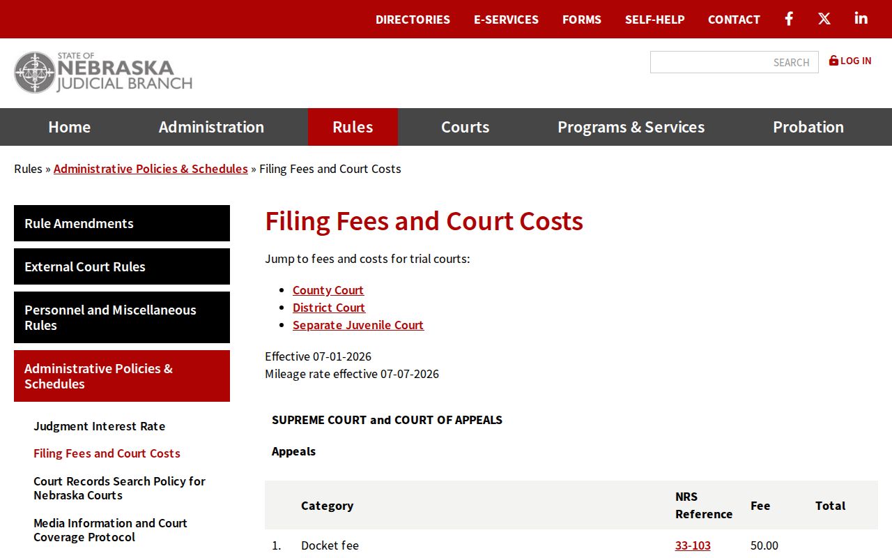 Cedar County civil court docket Nebraska court fees and costs source