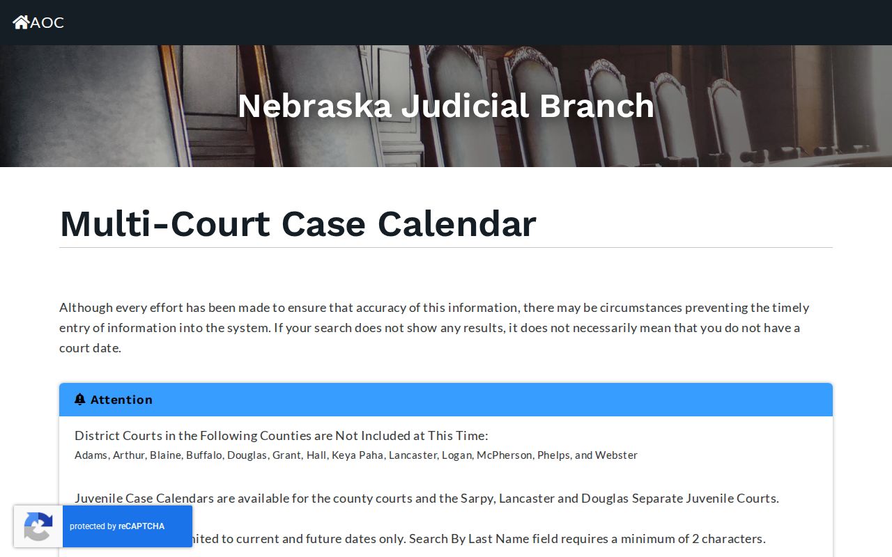 Cedar County court calendar search fields for court type, county, date, and last name
