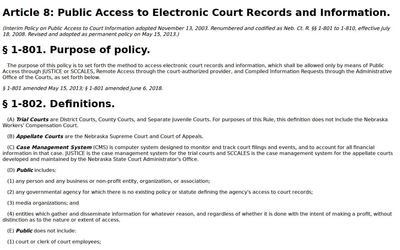 Nebraska public access rule relevant to Cedar County court calendar and register information