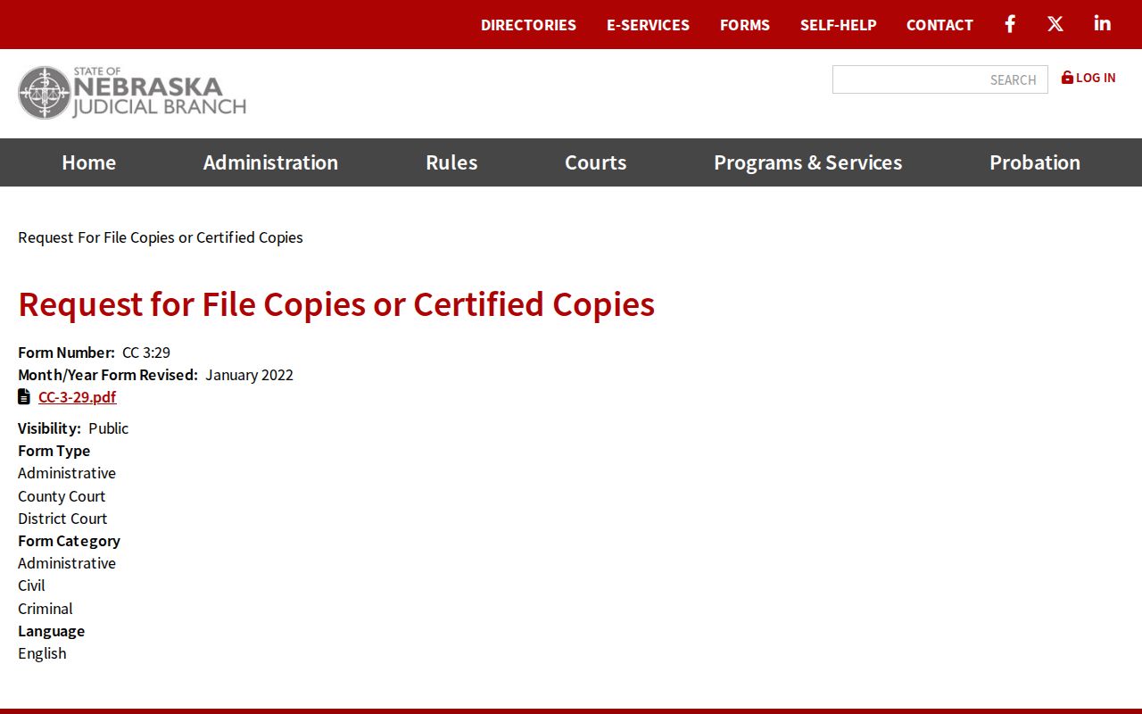 Cedar County court case record copy request page for CC 3:29 plain and certified copies
