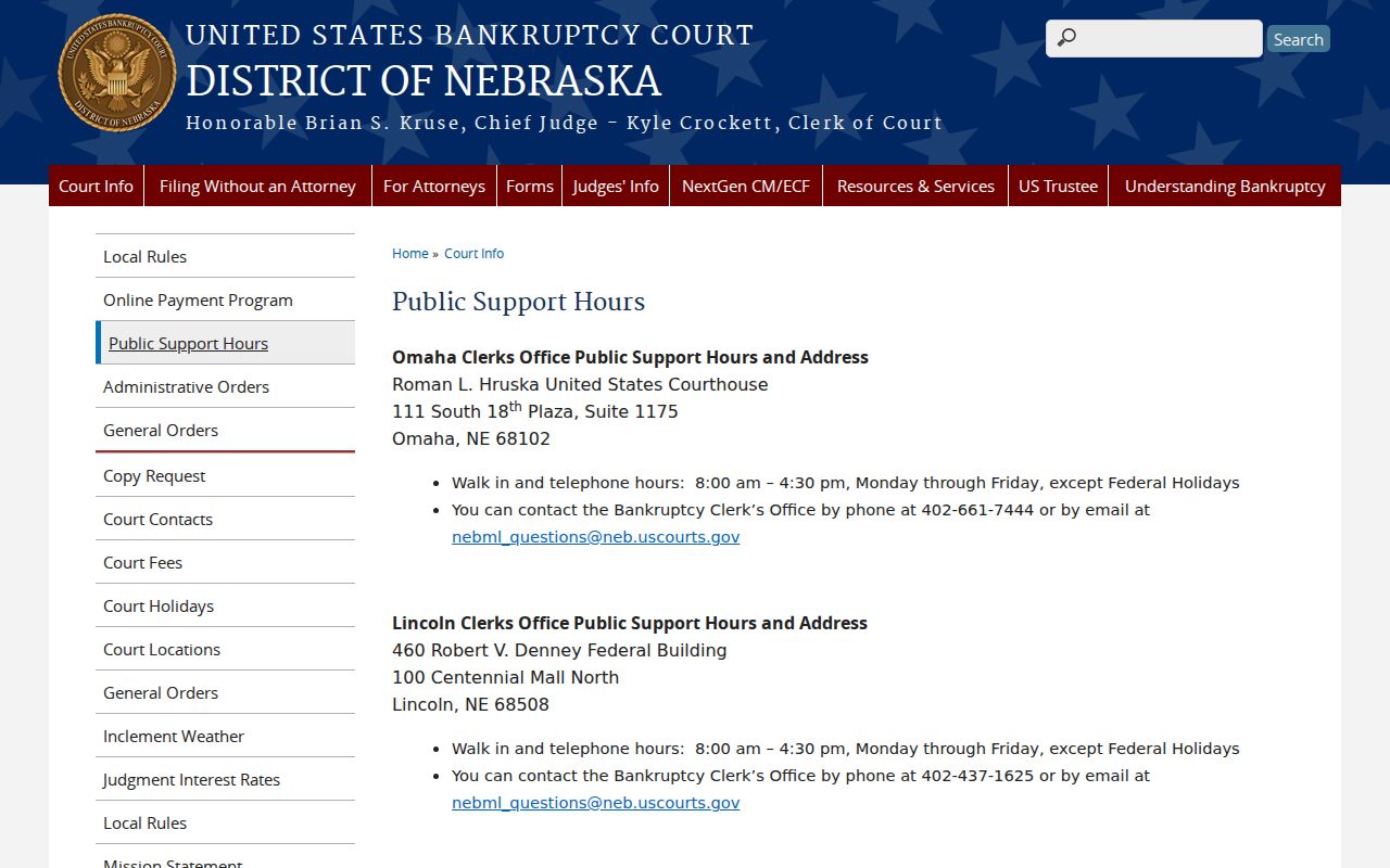 Cedar County court docket Nebraska bankruptcy clerk support information