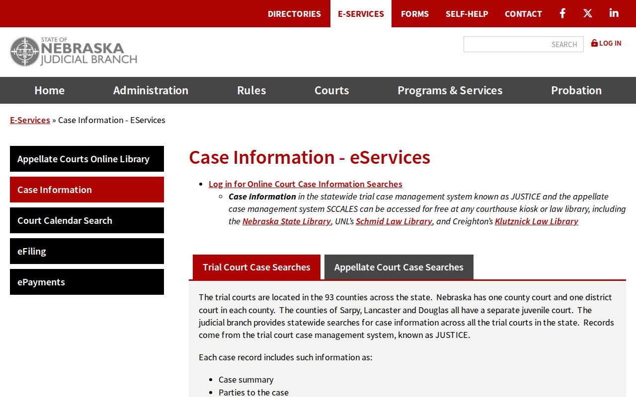 Cedar County court docket Nebraska case information eServices page