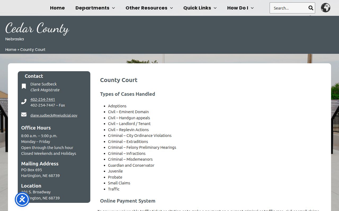 Cedar County court docket County Court office information