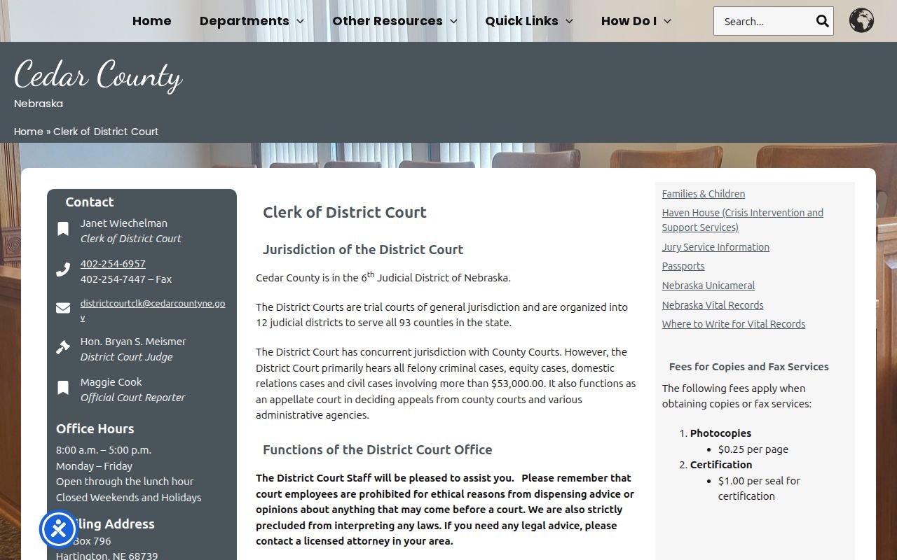 Cedar County court docket District Clerk office information
