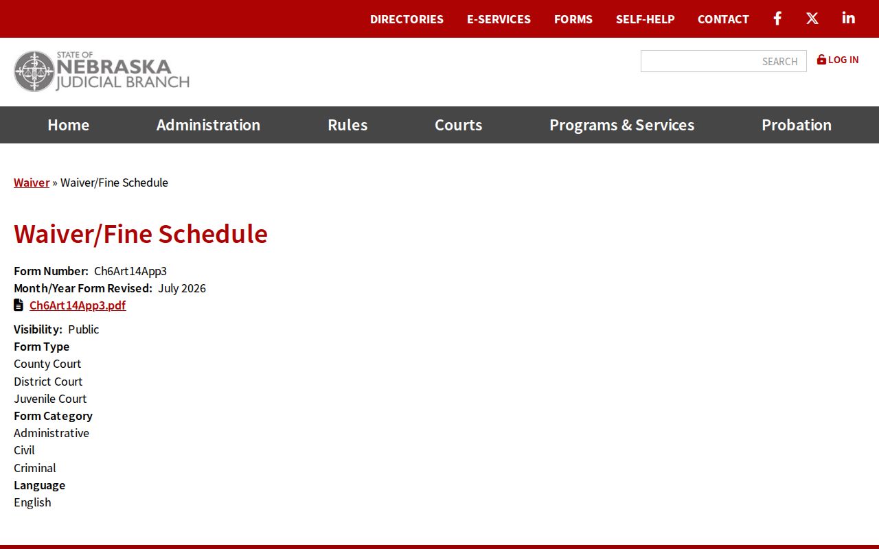 Cedar County traffic court record Nebraska waiver fine schedule source