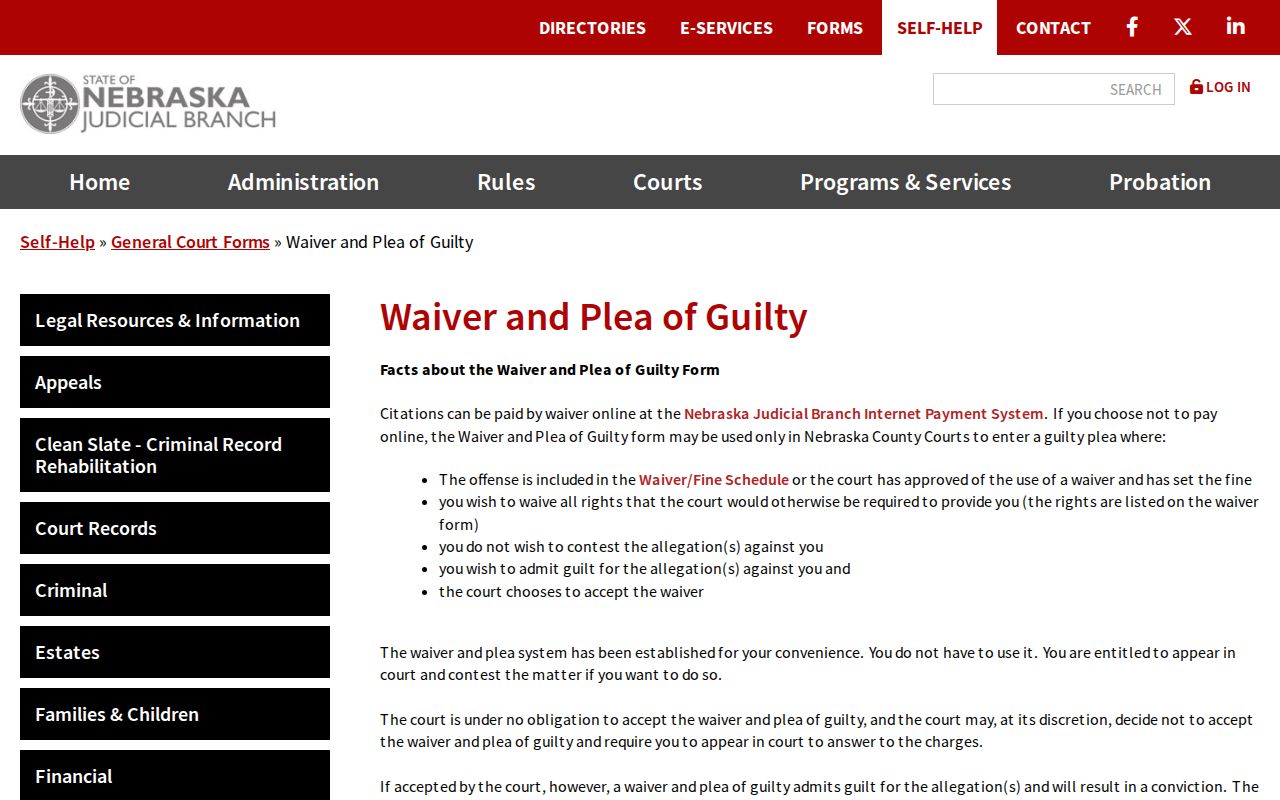 Cedar County traffic court record Nebraska waiver and plea form